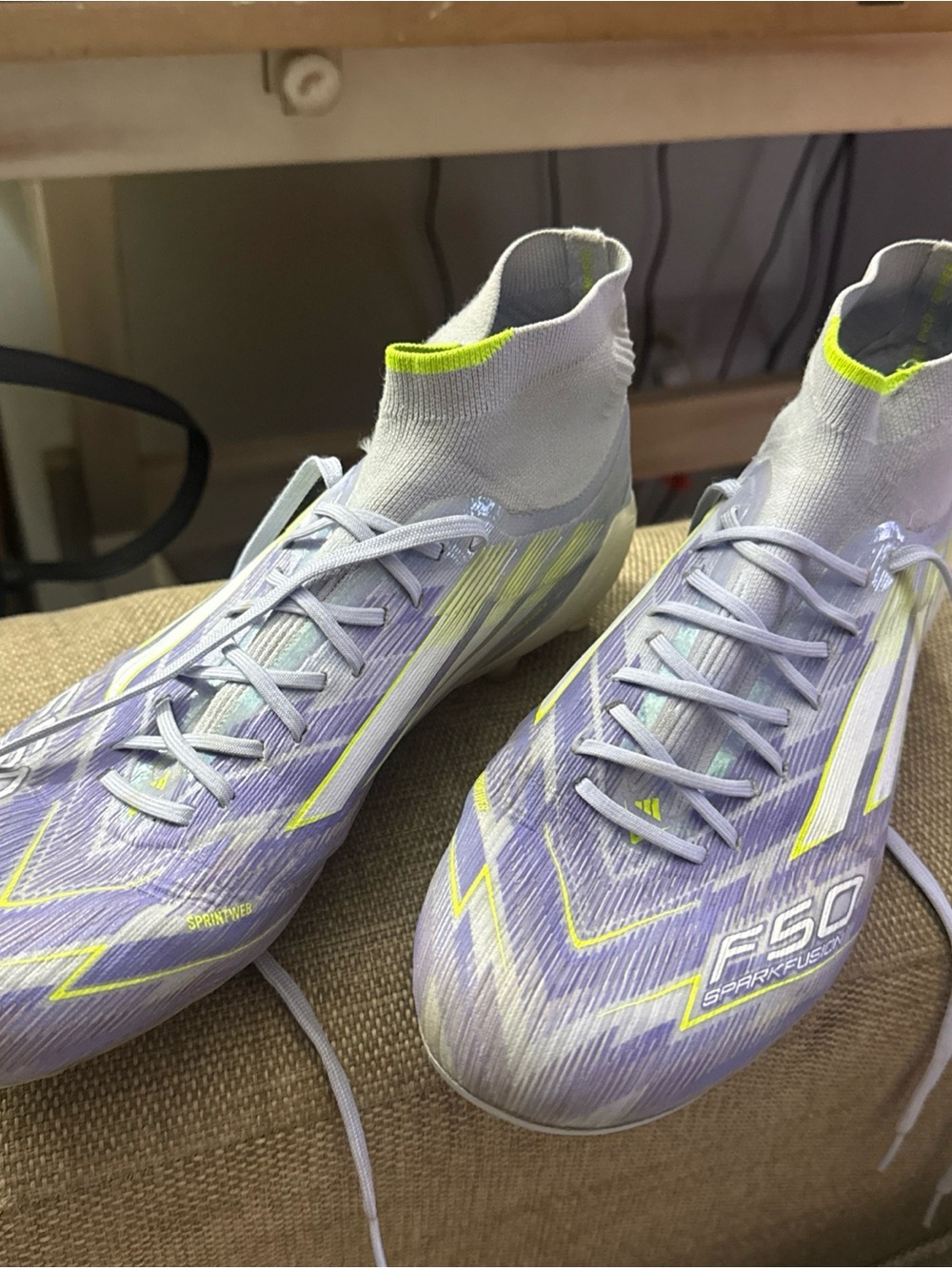 Women Light Gray and Purple F50 Soccer Cleats with Neon Accents 9